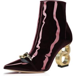 imageFSJ Women Ankle Boots Closed Pointed Toe Gold Chain Heel with Side Zipper Elegant Party Daily Dress Booties Shoes Size 416 USMaroon