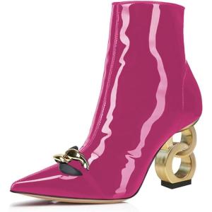 imageFSJ Women Ankle Boots Closed Pointed Toe Gold Chain Heel with Side Zipper Elegant Party Daily Dress Booties Shoes Size 416 USViolet Red