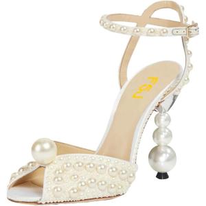 imageFSJ Women Gorgeous Peep Toe with Shiny Decoration Sandals Pearls High Heel Ankle Strap Ladies Party Prom Wedding Dress Shoes Size 416 USWhitepearls