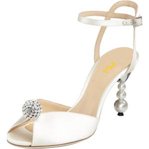 imageFSJ Women Gorgeous Peep Toe with Shiny Decoration Sandals Pearls High Heel Ankle Strap Ladies Party Prom Wedding Dress Shoes Size 416 USWhitesatin