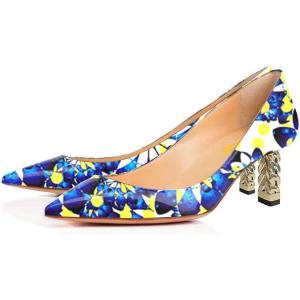 imageFSJ Women Multi Print Pumps Mid High Chuny Heels Metallic Chains Stylish Pointed Toe Slip On Cocktail Party Dress Shoes Size 415 USBlooming
