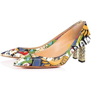 imageFSJ Women Multi Print Pumps Mid High Chuny Heels Metallic Chains Stylish Pointed Toe Slip On Cocktail Party Dress Shoes Size 415 USCartoon