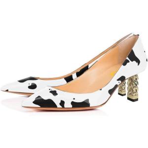 imageFSJ Women Multi Print Pumps Mid High Chuny Heels Metallic Chains Stylish Pointed Toe Slip On Cocktail Party Dress Shoes Size 415 USCow