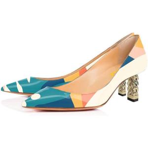 imageFSJ Women Multi Print Pumps Mid High Chuny Heels Metallic Chains Stylish Pointed Toe Slip On Cocktail Party Dress Shoes Size 415 USPrinting