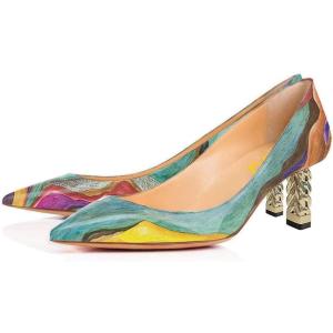 imageFSJ Women Multi Print Pumps Mid High Chuny Heels Metallic Chains Stylish Pointed Toe Slip On Cocktail Party Dress Shoes Size 415 USQuicksand