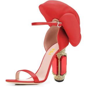 imageFSJ Women Open Toe Crystal Block Heels Sandals with Flower Bloom Back Ankle Strap Buckle Silk Satin Chunky Thick High Heels Wedding Party Pump Shoes Size 416 USRed