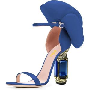 imageFSJ Women Open Toe Crystal Block Heels Sandals with Flower Bloom Back Ankle Strap Buckle Silk Satin Chunky Thick High Heels Wedding Party Pump Shoes Size 416 USBlue