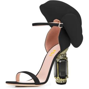 imageFSJ Women Open Toe Crystal Block Heels Sandals with Flower Bloom Back Ankle Strap Buckle Silk Satin Chunky Thick High Heels Wedding Party Pump Shoes Size 416 USBlack