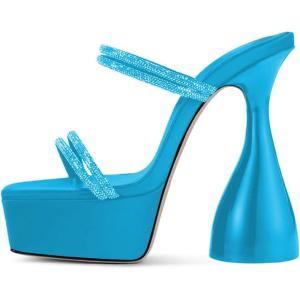 imageFSJ Women Open Toe Special Thick High Heel Platform Sandals Rhinestone Strappy Slip On Summer Dress Shoes Size 415 USBlue