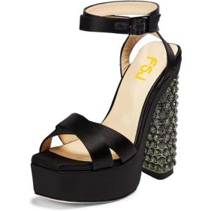 imageFSJ Women Platform Sandals Rhinestones Chunky High Heel Pumps Peep Toe Silk Satin Cross Ankle Strappy Club Dating Shoes Size 415 USBlack