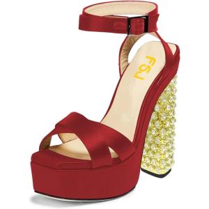imageFSJ Women Platform Sandals Rhinestones Chunky High Heel Pumps Peep Toe Silk Satin Cross Ankle Strappy Club Dating Shoes Size 415 USRed