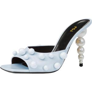 imageFSJ Women Trendy Square Open Toe Mule Gorgeous Pearl Heel Slip On Heeled Sandals Unique Outfit Dress Studded Slides Size 416 USBlue