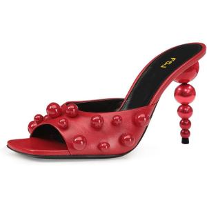 imageFSJ Women Trendy Square Open Toe Mule Gorgeous Pearl Heel Slip On Heeled Sandals Unique Outfit Dress Studded Slides Size 416 USRed Heel