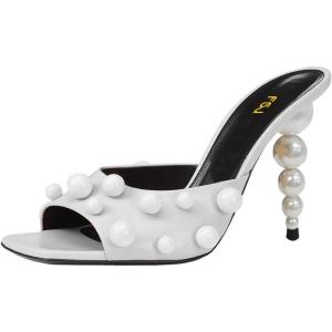 imageFSJ Women Trendy Square Open Toe Mule Gorgeous Pearl Heel Slip On Heeled Sandals Unique Outfit Dress Studded Slides Size 416 USWhite