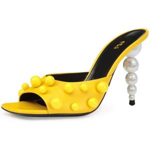 imageFSJ Women Trendy Square Open Toe Mule Gorgeous Pearl Heel Slip On Heeled Sandals Unique Outfit Dress Studded Slides Size 416 USYellow