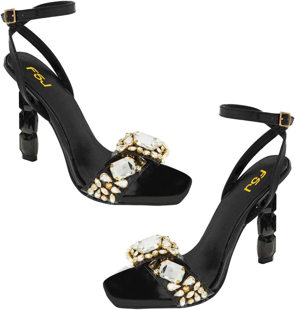 imageFSJ Women Colored Diamond Heel Sandals Square Open Toe Ankle Strap Special Jewel Chunky High Heel Sandals Party Shopping Holiday Shoes Size 416 USBlack