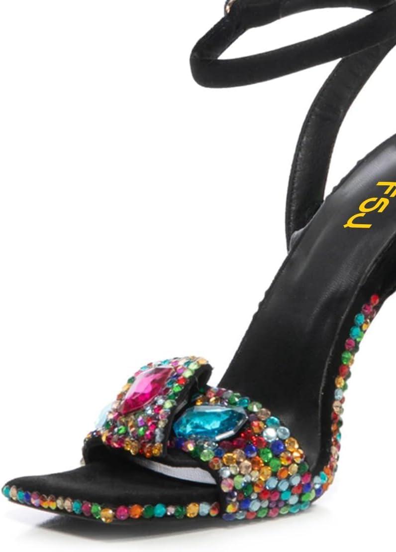 imageFSJ Women Colored Diamond Heel Sandals Square Open Toe Ankle Strap Special Jewel Chunky High Heel Sandals Party Shopping Holiday Shoes Size 416 USBlackcolorful Rhinestones
