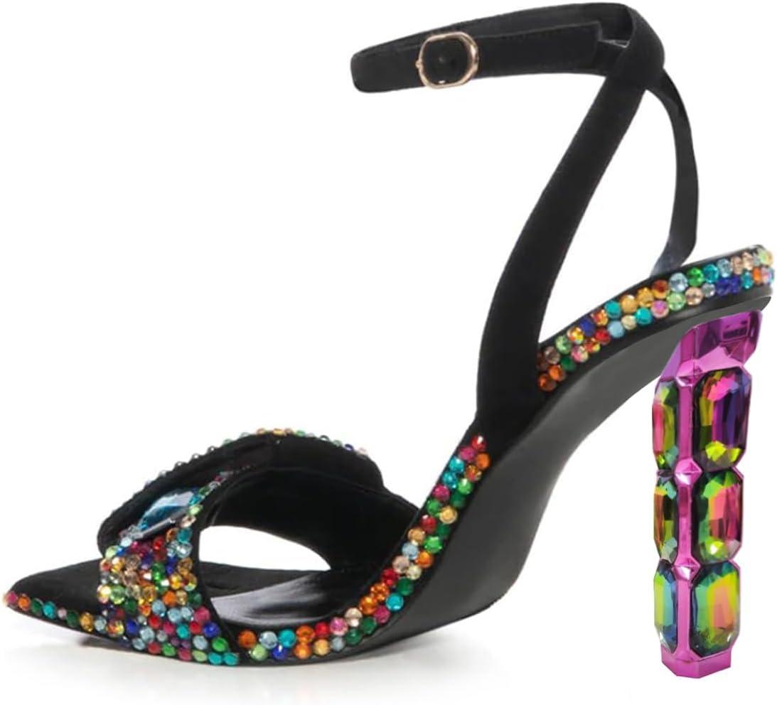 imageFSJ Women Colored Diamond Heel Sandals Square Open Toe Ankle Strap Special Jewel Chunky High Heel Sandals Party Shopping Holiday Shoes Size 416 USBlackcolorful Rhinestones