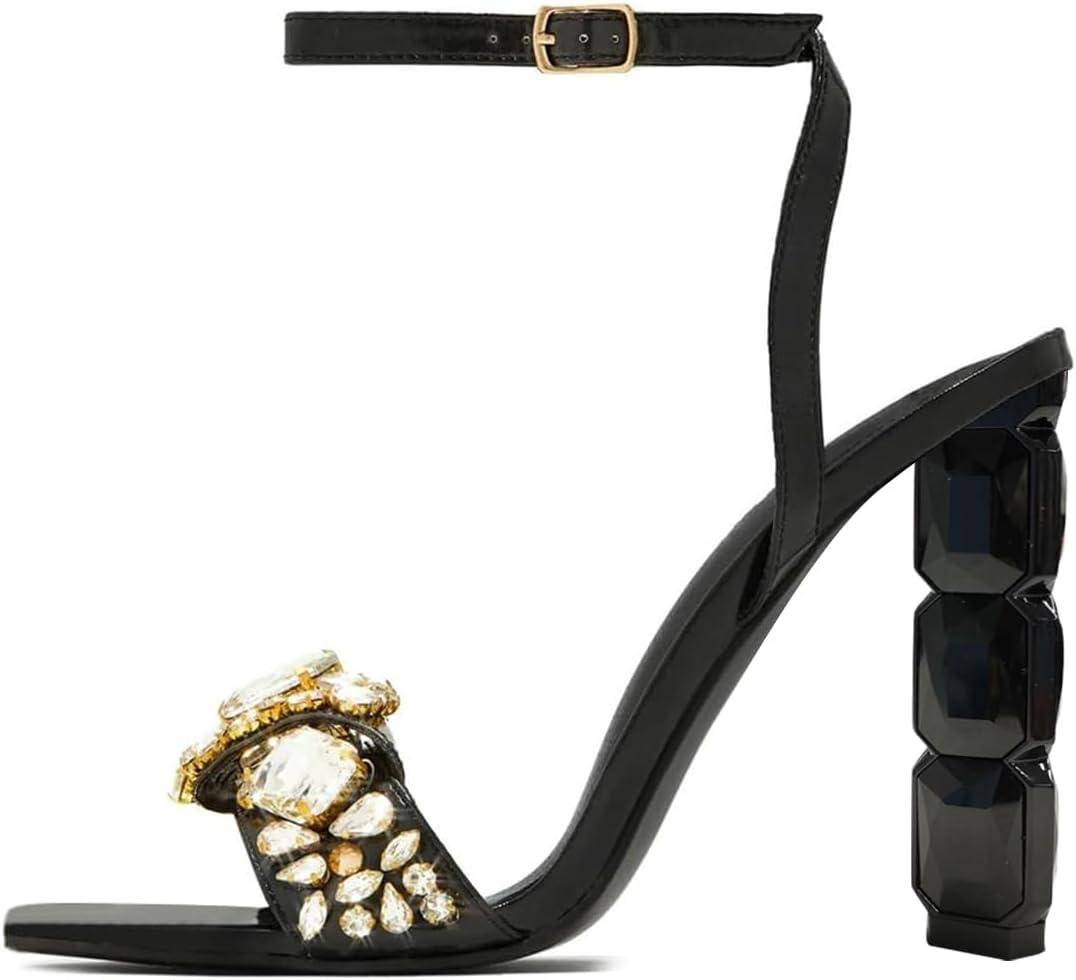 imageFSJ Women Colored Diamond Heel Sandals Square Open Toe Ankle Strap Special Jewel Chunky High Heel Sandals Party Shopping Holiday Shoes Size 416 USBlack