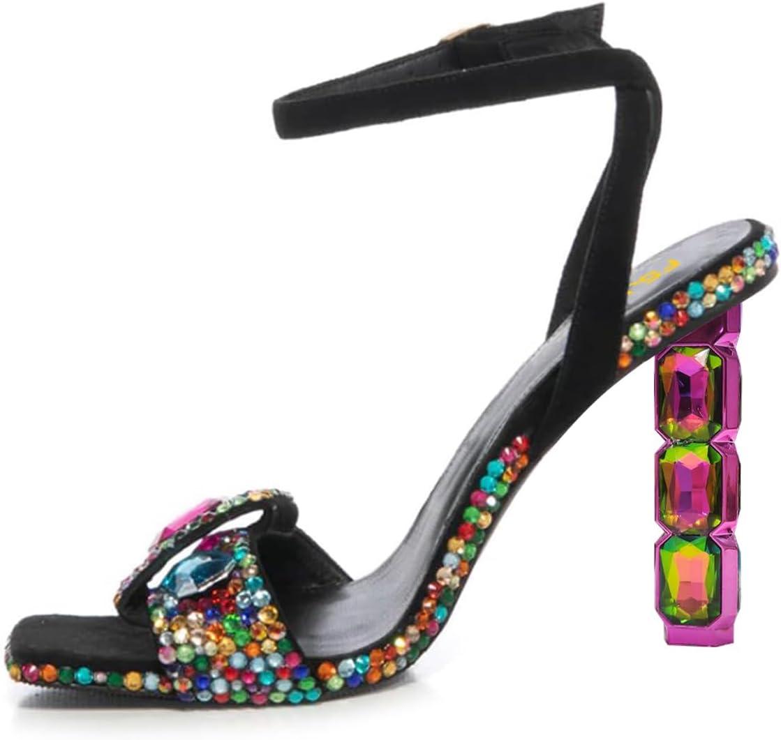 imageFSJ Women Colored Diamond Heel Sandals Square Open Toe Ankle Strap Special Jewel Chunky High Heel Sandals Party Shopping Holiday Shoes Size 416 USBlackcolorful Rhinestones