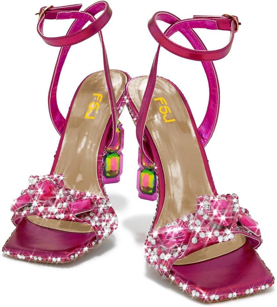 imageFSJ Women Colored Diamond Heel Sandals Square Open Toe Ankle Strap Special Jewel Chunky High Heel Sandals Party Shopping Holiday Shoes Size 416 USFuchsia
