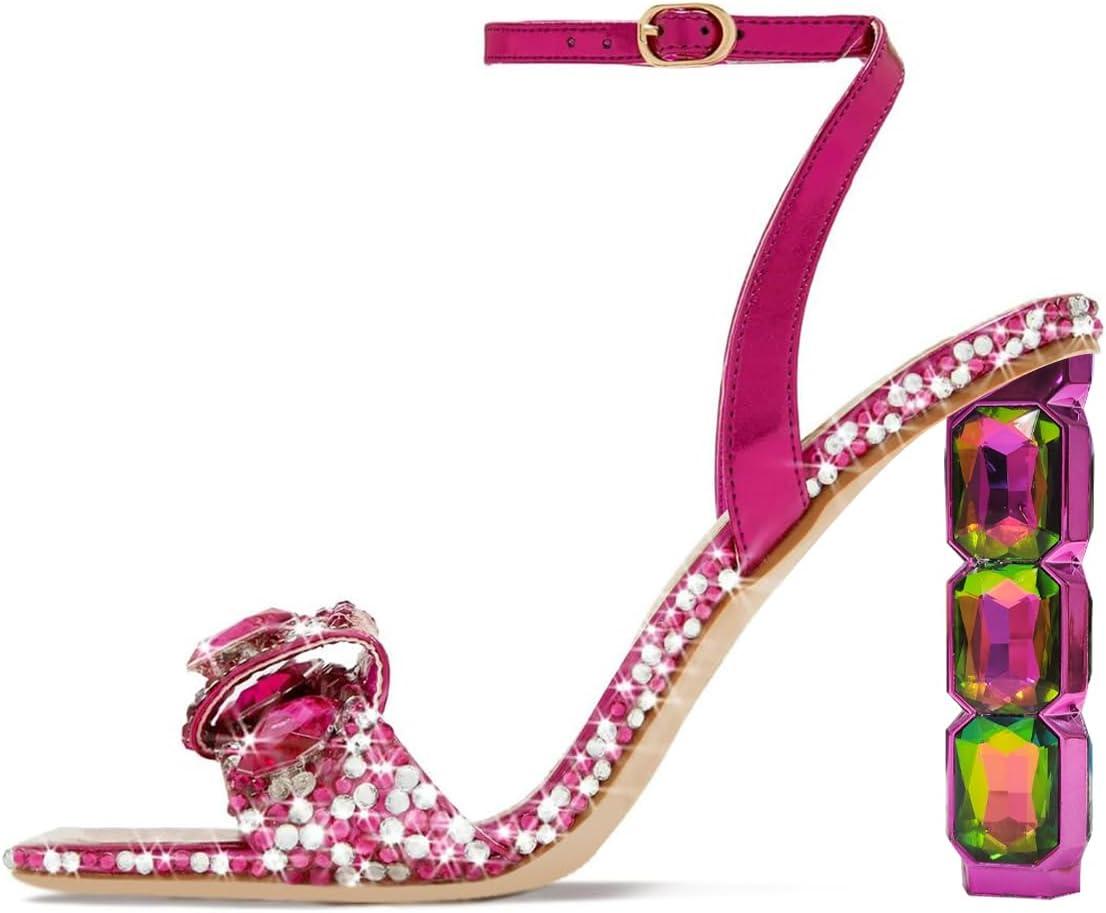 imageFSJ Women Colored Diamond Heel Sandals Square Open Toe Ankle Strap Special Jewel Chunky High Heel Sandals Party Shopping Holiday Shoes Size 416 USFuchsia