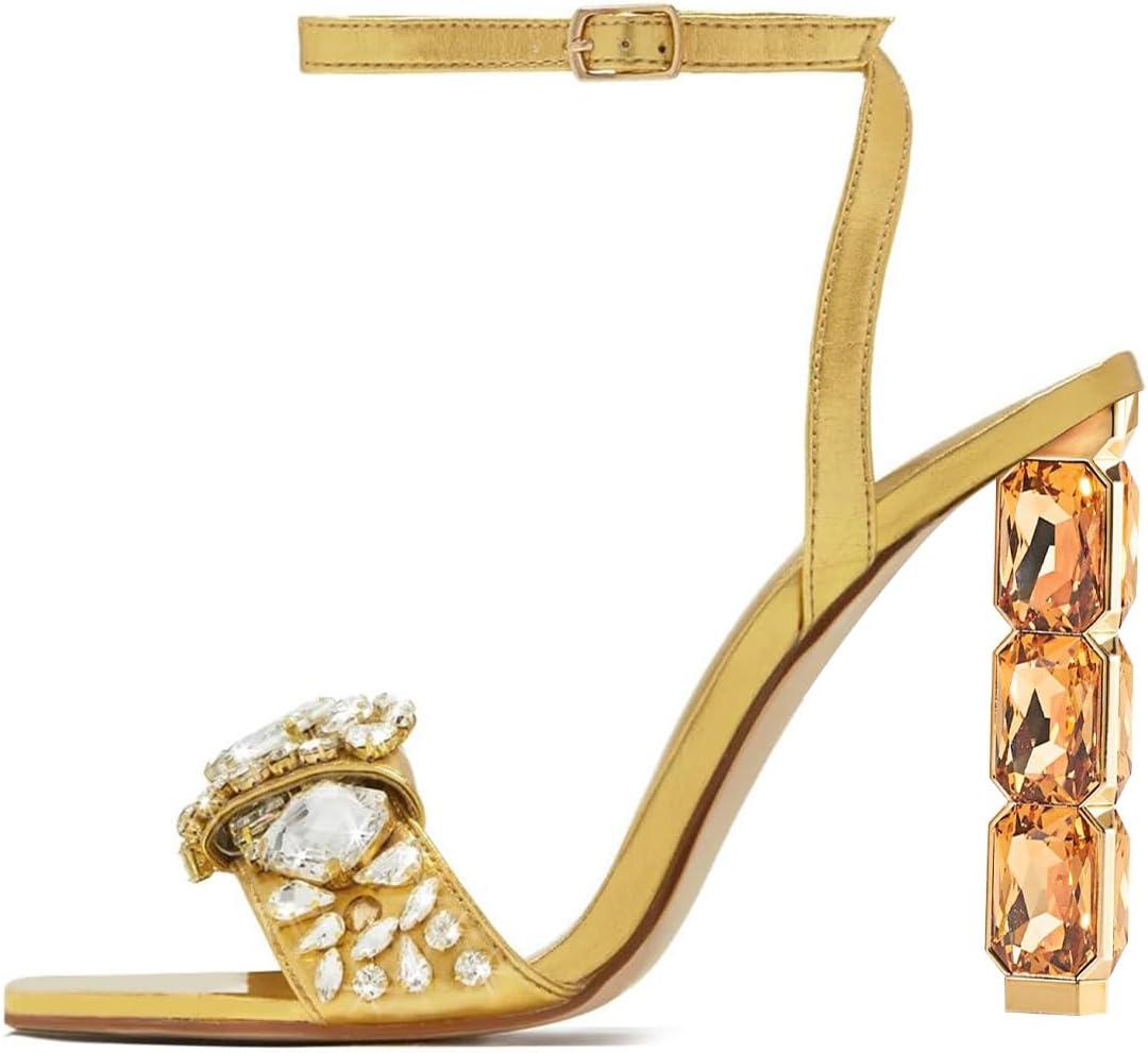 imageFSJ Women Colored Diamond Heel Sandals Square Open Toe Ankle Strap Special Jewel Chunky High Heel Sandals Party Shopping Holiday Shoes Size 416 USGold