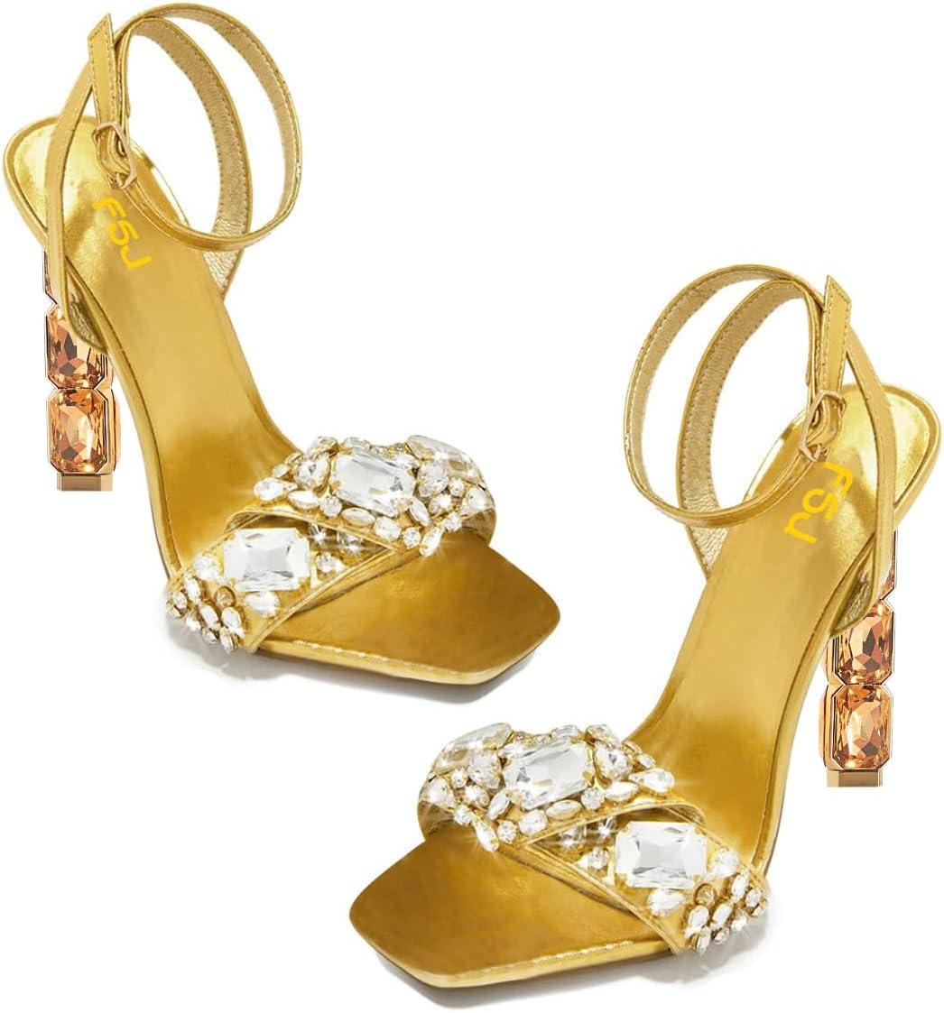 imageFSJ Women Colored Diamond Heel Sandals Square Open Toe Ankle Strap Special Jewel Chunky High Heel Sandals Party Shopping Holiday Shoes Size 416 USGold