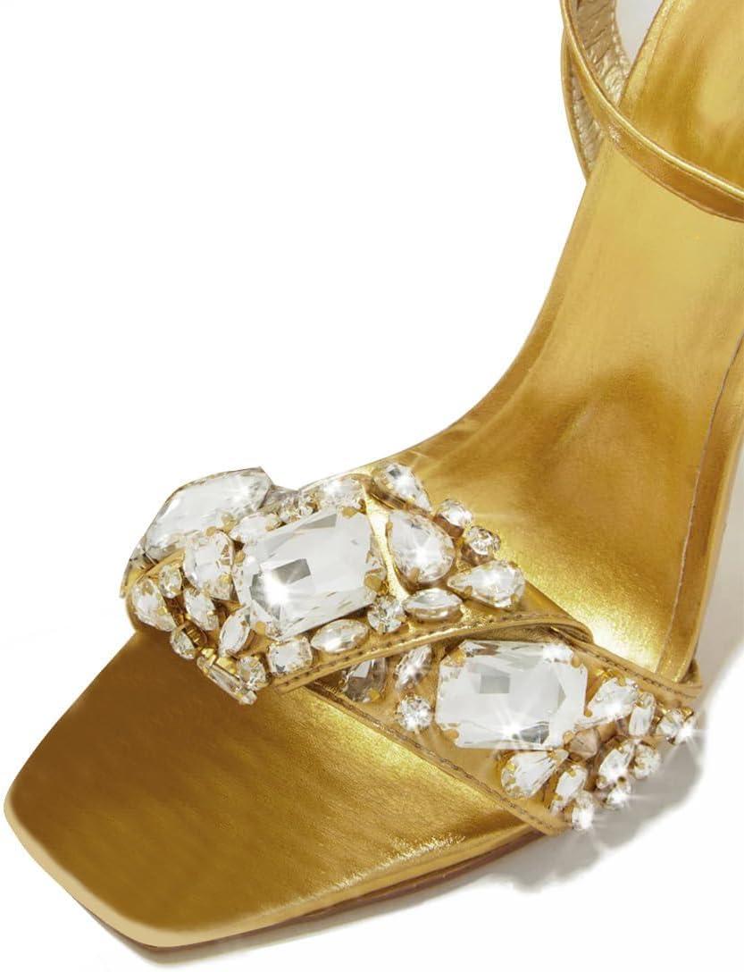 imageFSJ Women Colored Diamond Heel Sandals Square Open Toe Ankle Strap Special Jewel Chunky High Heel Sandals Party Shopping Holiday Shoes Size 416 USGold