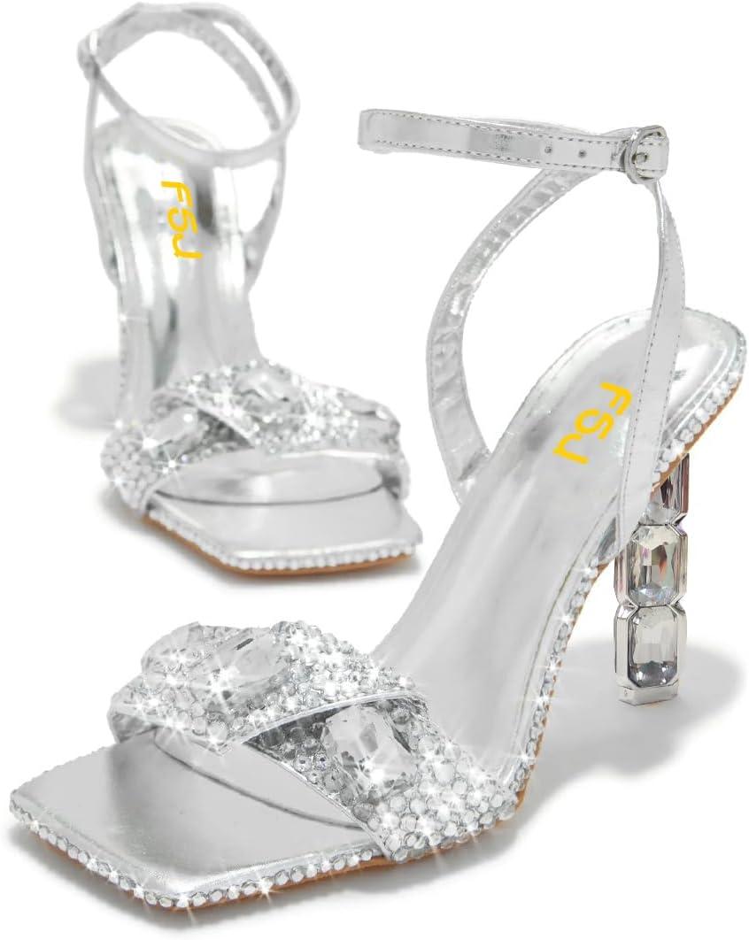 imageFSJ Women Colored Diamond Heel Sandals Square Open Toe Ankle Strap Special Jewel Chunky High Heel Sandals Party Shopping Holiday Shoes Size 416 USSilver