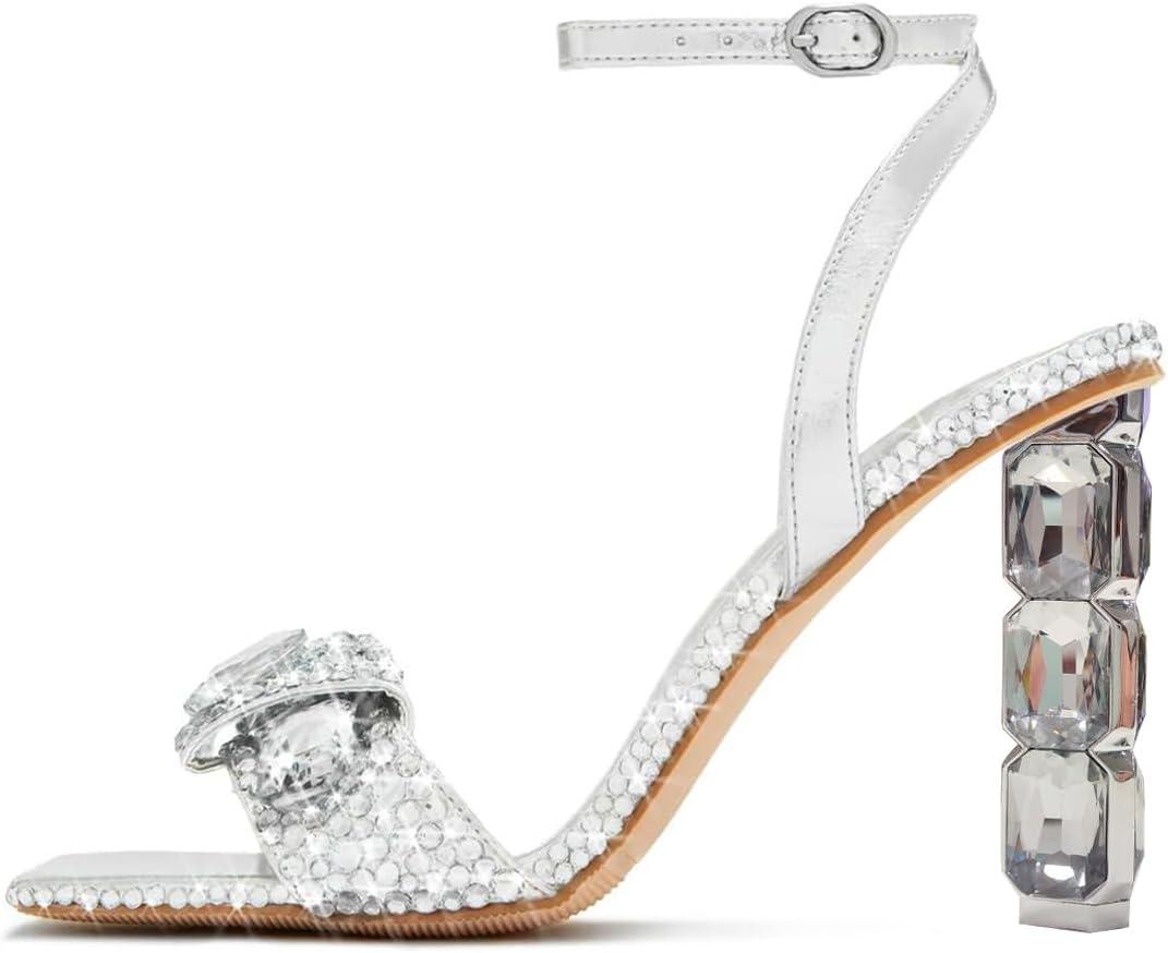 imageFSJ Women Colored Diamond Heel Sandals Square Open Toe Ankle Strap Special Jewel Chunky High Heel Sandals Party Shopping Holiday Shoes Size 416 USSilver