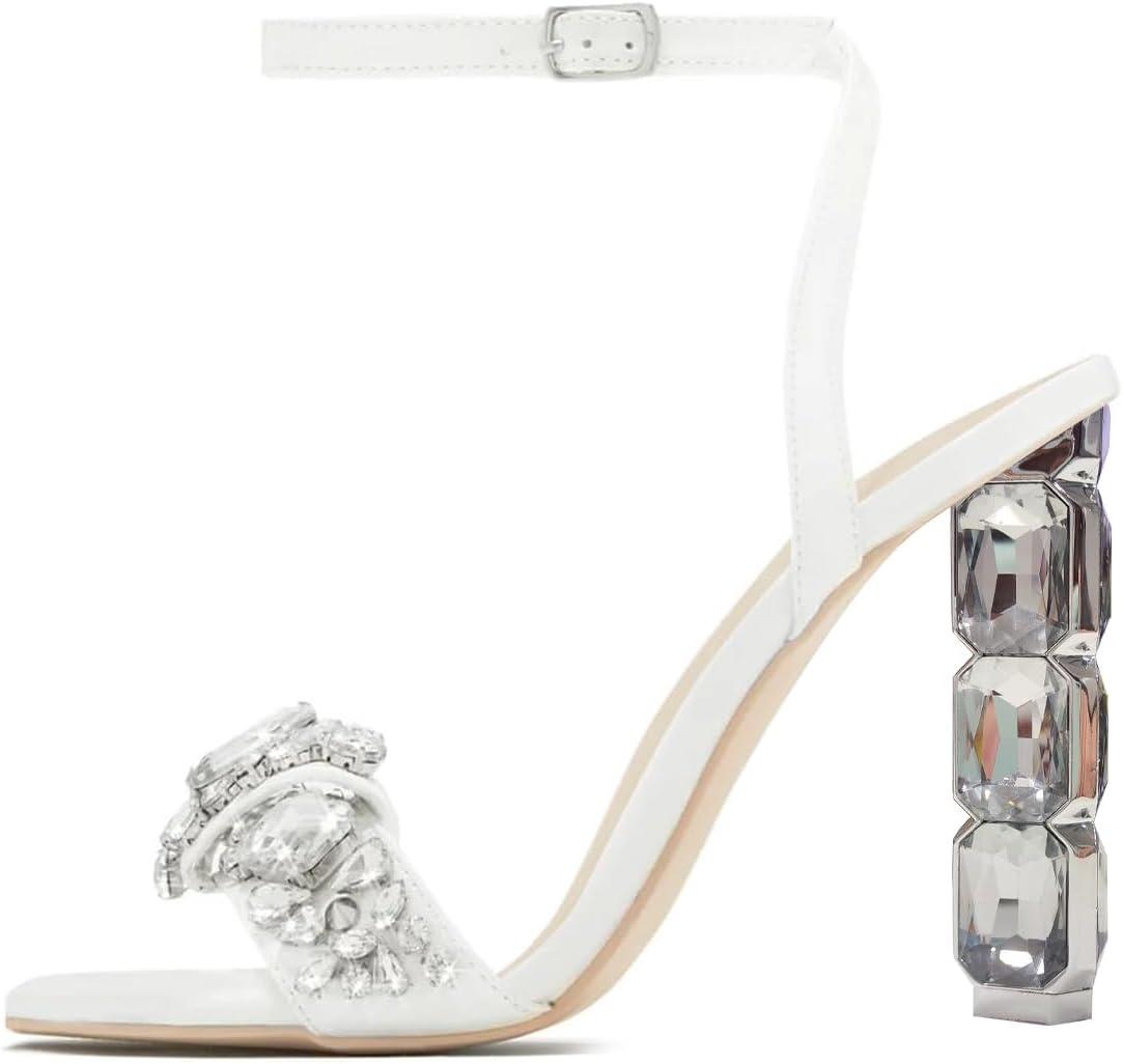 imageFSJ Women Colored Diamond Heel Sandals Square Open Toe Ankle Strap Special Jewel Chunky High Heel Sandals Party Shopping Holiday Shoes Size 416 USWhite