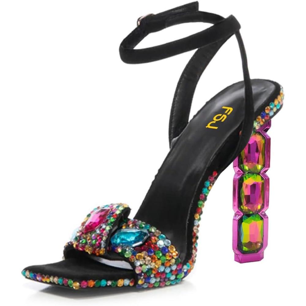 imageFSJ Women Colored Diamond Heel Sandals Square Open Toe Ankle Strap Special Jewel Chunky High Heel Sandals Party Shopping Holiday Shoes Size 416 USBlackcolorful Rhinestones