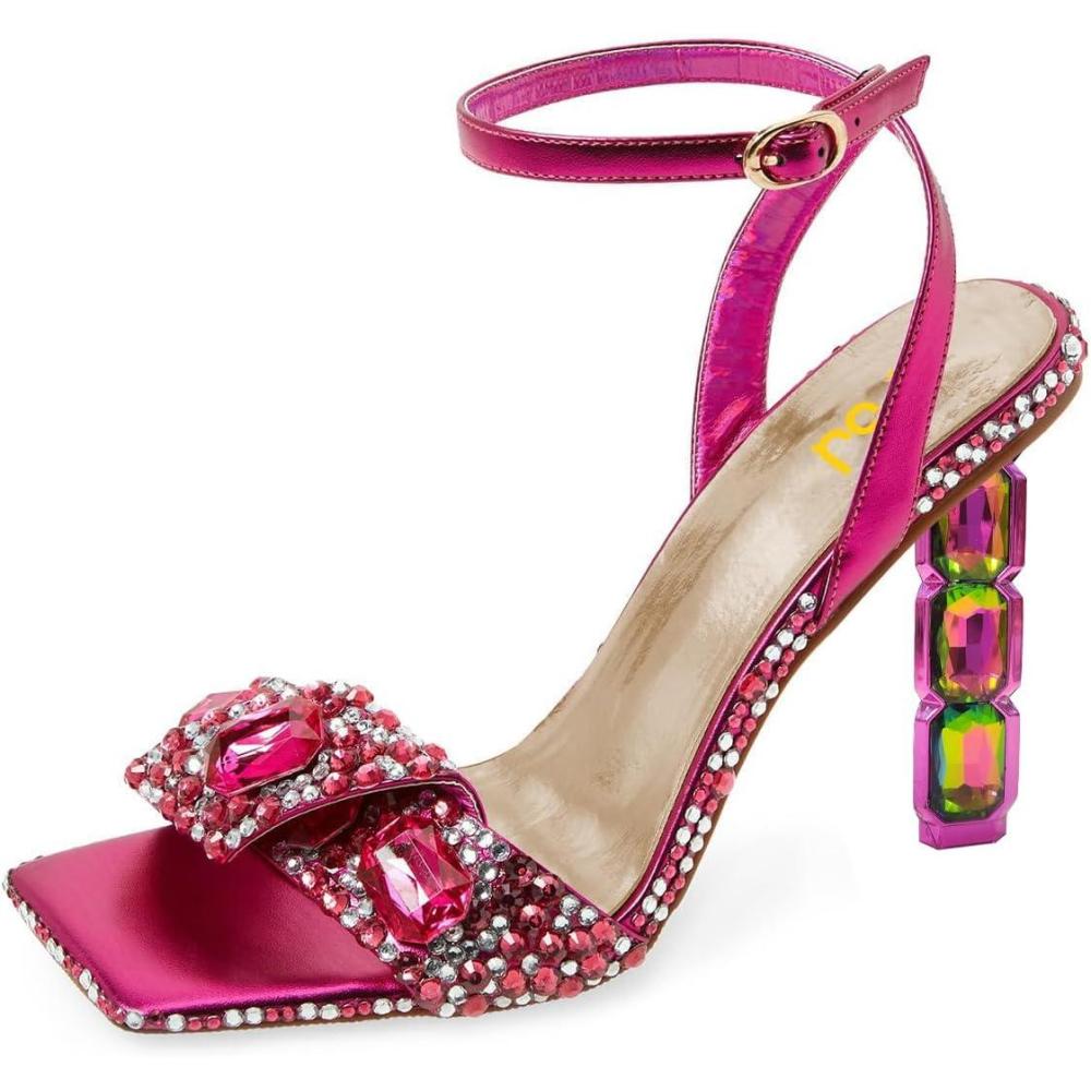 imageFSJ Women Colored Diamond Heel Sandals Square Open Toe Ankle Strap Special Jewel Chunky High Heel Sandals Party Shopping Holiday Shoes Size 416 USFuchsia