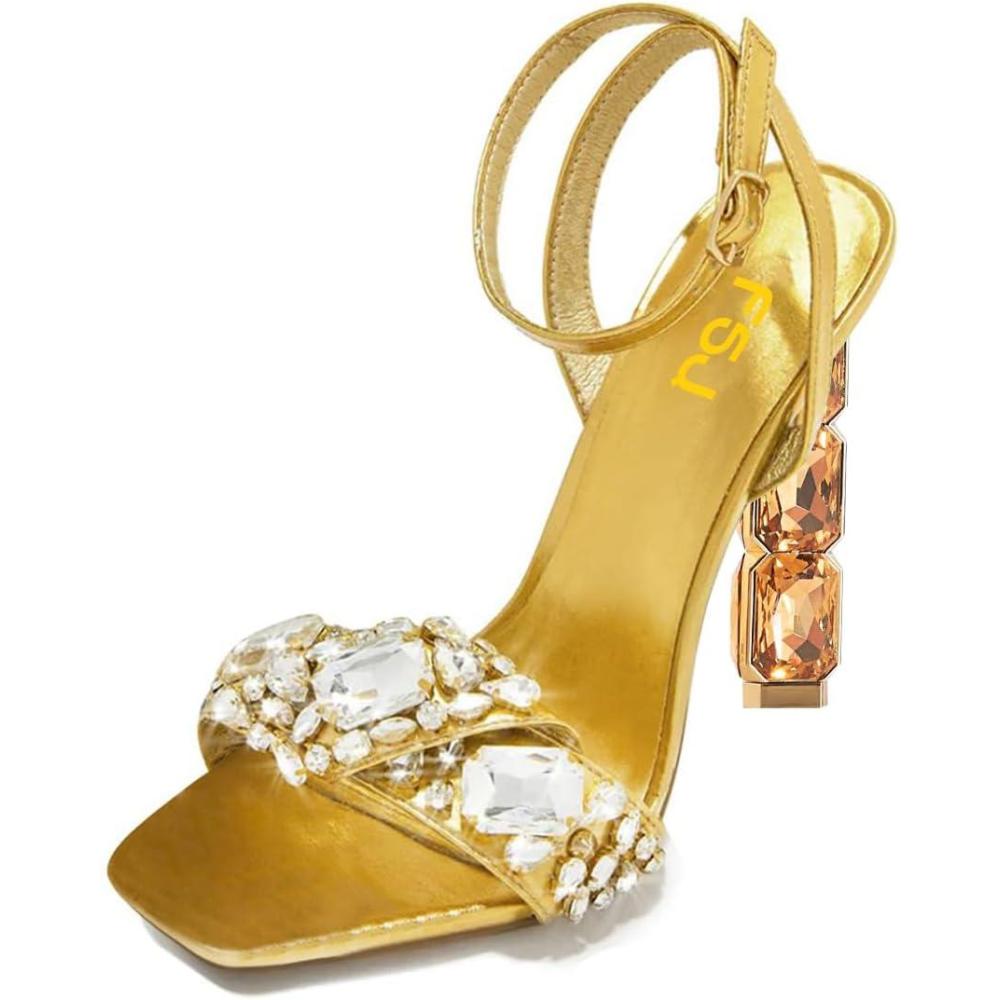 imageFSJ Women Colored Diamond Heel Sandals Square Open Toe Ankle Strap Special Jewel Chunky High Heel Sandals Party Shopping Holiday Shoes Size 416 USGold