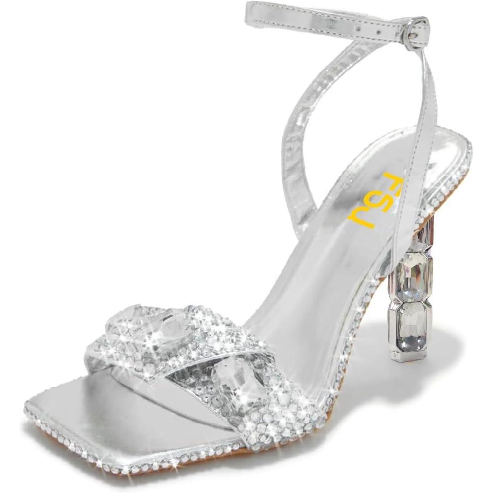 imageFSJ Women Colored Diamond Heel Sandals Square Open Toe Ankle Strap Special Jewel Chunky High Heel Sandals Party Shopping Holiday Shoes Size 416 USSilver