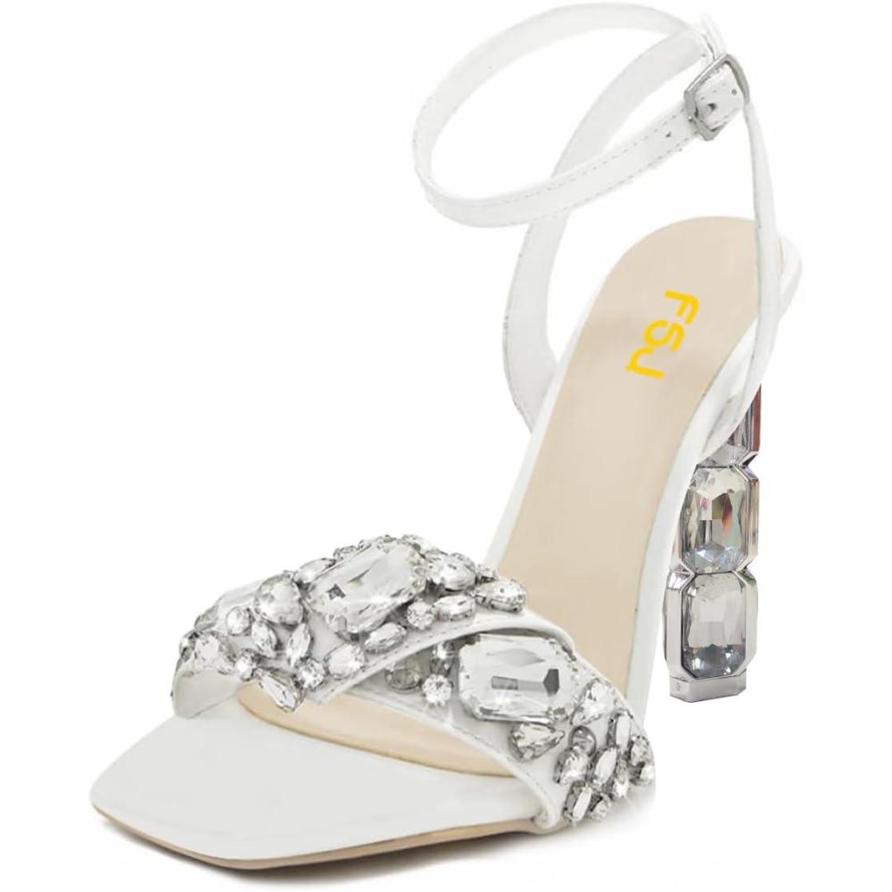 imageFSJ Women Colored Diamond Heel Sandals Square Open Toe Ankle Strap Special Jewel Chunky High Heel Sandals Party Shopping Holiday Shoes Size 416 USWhite