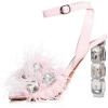 imageFSJ Women Crystal Chunky High Heel Sandals Open Square Toe Ankle Strap Buckle Clear Block Heel Fur Feather Cute Sparkly Dance Shoes Size 416 USPink