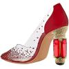 imageFSJ Women High Crystal Chunky Heel Transparent PVC Pumps Rhinestones 105mm Clear Heels Pointed Closed Toe Slip On Pump Bridal Wedding Party Dress Shoes Size 416 USRed