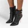 imageFSJ Women Sexy Pointed Toe Stiletto High Heel Ankle Boots Lace Up Back Zipper Comfortable Casual Mid Calf Boots Size 415 USBlack