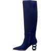 imageFSJ Women Trendy Pointed Toe Medium Chain Heel Knee High Boots Stretch Faux Suede Side Zipper Evening Work Stylish Outfit Shoes Size 416 USBlue