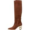 imageFSJ Women Trendy Pointed Toe Medium Chain Heel Knee High Boots Stretch Faux Suede Side Zipper Evening Work Stylish Outfit Shoes Size 416 USBrown