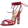 imageFSJ Women Rhinestones Strappy Jeweled Beaded Chunky High Heel Laceup Sandals Open Toe Ankle Strap Block Heel Sparkly Party Evening Dress Shoes Size 416 USRed