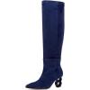 imageFSJ Women Trendy Pointed Toe Medium Chain Heel Knee High Boots Stretch Faux Suede Side Zipper Evening Work Stylish Outfit Shoes Size 416 USBlue