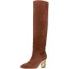 imageFSJ Women Trendy Pointed Toe Medium Chain Heel Knee High Boots Stretch Faux Suede Side Zipper Evening Work Stylish Outfit Shoes Size 416 USBrown