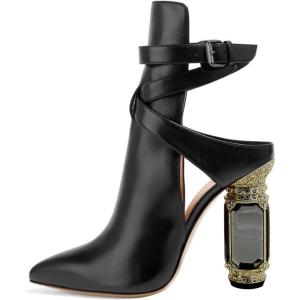 imageFSJ Women Classic Pointed Toe Crystal Block Chunky High Heels Bootie Elastic Ankle Wrap Slingback Party Shoes Size 415 M USBlack Crystal