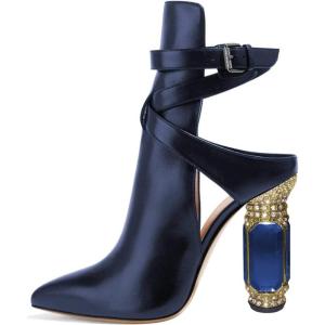 imageFSJ Women Classic Pointed Toe Crystal Block Chunky High Heels Bootie Elastic Ankle Wrap Slingback Party Shoes Size 415 M USBlue Crystal