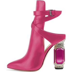 imageFSJ Women Classic Pointed Toe Crystal Block Chunky High Heels Bootie Elastic Ankle Wrap Slingback Party Shoes Size 415 M USDeep Pink Crystal