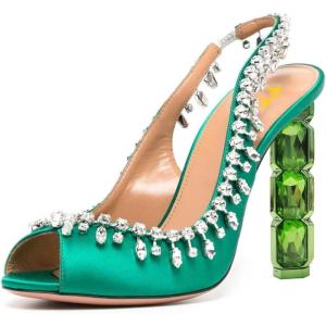 imageFSJ Women Clear Rhinestone Peep Toe Slingback Pumps Chunky Block High Heel Sparkling Crystal Slip On Party Dance Sexy Dress Shoes Size 416 USGreen