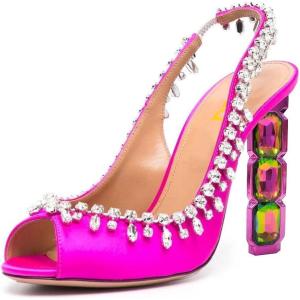 imageFSJ Women Clear Rhinestone Peep Toe Slingback Pumps Chunky Block High Heel Sparkling Crystal Slip On Party Dance Sexy Dress Shoes Size 416 USHot Pink